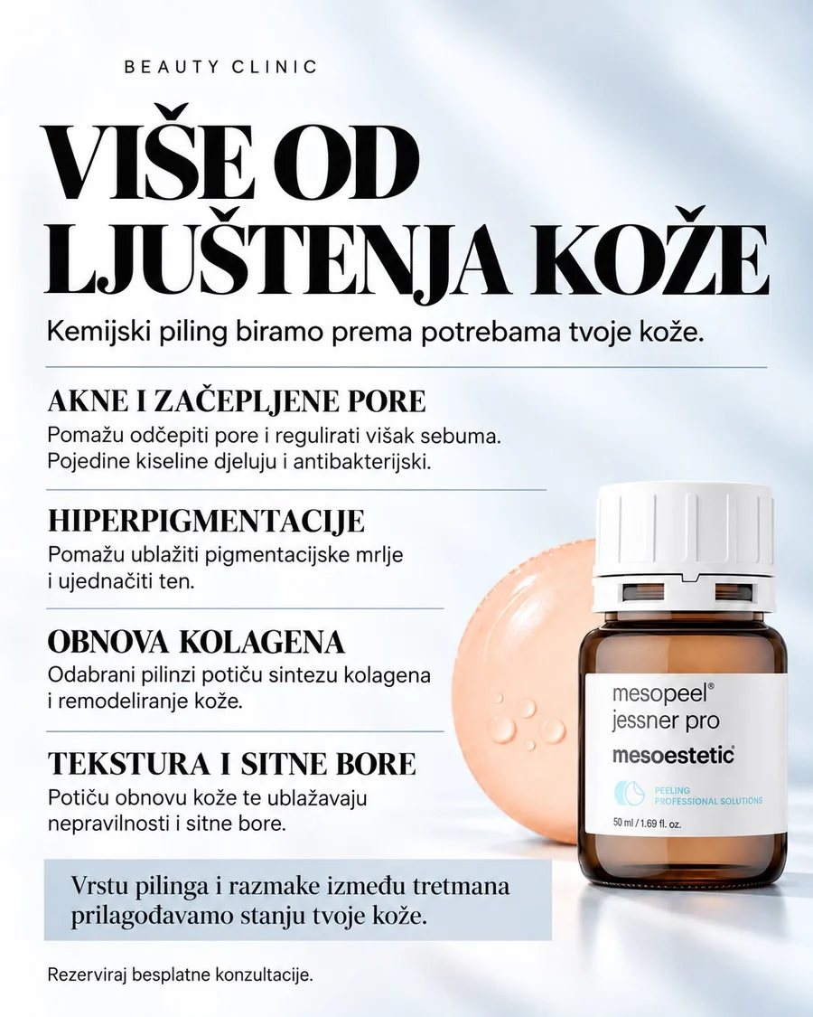Kemijski piling biramo prema potrebama kože: akne i začepljene pore, hiperpigmentacije, obnova kolagena, tekstura i sitne bore